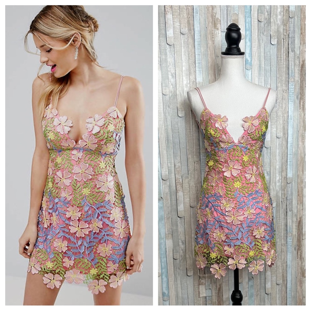 Asos 4 Salon 3D Applique Super Mini Floral Guipure Embroidered Lace Dress Pink - Picture 1 of 16